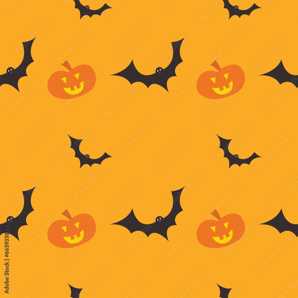 Halloween seamless pattern with bats and pumpkin lantern