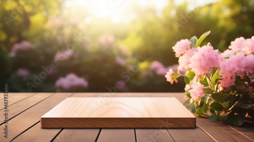 Empty Wooden surface for presentation with blurred garden and flowers background, mockup, Space for presentation product