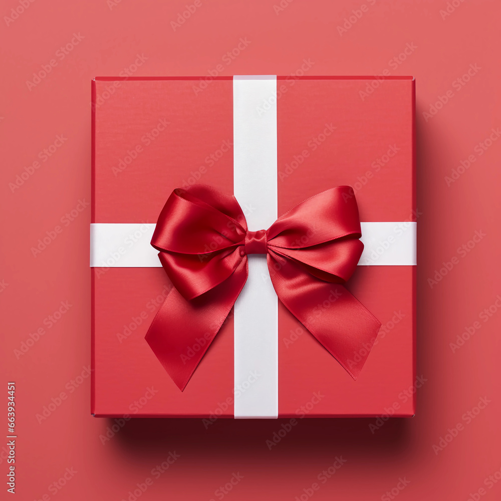 Blank red gift box, gift card mock up with white gift ribbon bow on red wall background with shadow, Merry Christmas and New Year decoration, Generative AI. Blank red gift box, gift card mock up with white gift ribbon bow on red wall background with shadow, Merry Christmas and New Year decoration, Generative AI.
