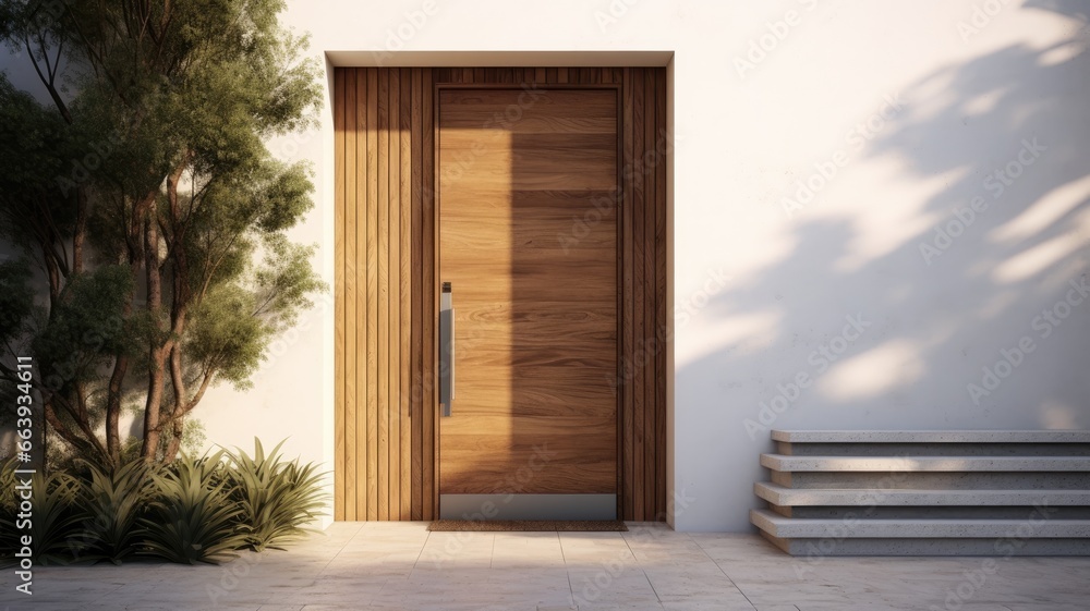 Clean entrance door by wooden with perfect matching white wall to make it homey. Generative AI Technology 