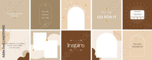 Post templates for social media in a bright, boho style. Set of vector minimal cards with geometric shapes in pastel colors. Create eye-catching images and quotes using these. Vector templates