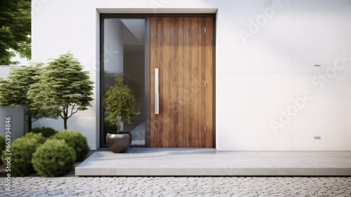 Clean entrance door by wooden with perfect matching white wall to make it homey. Generative AI Technology  photo