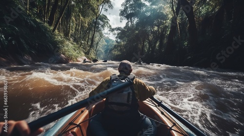 Fotografia First-person view, a man canoes at high speed down a treacherous river in the jungle