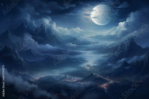 Aesthetic surrealistic artwork of a serene moonlit mountainscape in the boho style. Generative AI