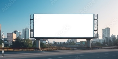 Empty white billboard signage advertising signs on the side of highway. Mockup advertisement concept. Generative ai