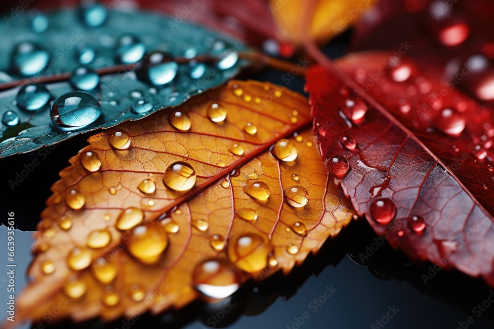 Abstract wallpaper, Autumn Leaves' Close Encounter: Vibrantly colored and rain-kissed autumn leaves in an extreme close-up view. background, desktop background. Abstract wallpaper, Autumn Leaves' Close Encounter: Vibrantly colored and rain-kissed autumn leaves in an extreme close-up view. background, desktop background.