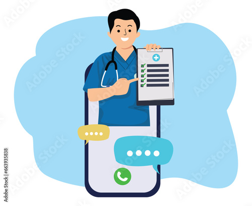 smartphone with man doctor popping out from screen online consultation tele medicine video call medical insurance