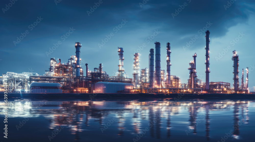 An industrial complex at dusk, lights reflecting on calm waters An industrial complex at dusk, lights reflecting on calm waters