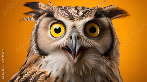 owl on a yellow background with very wide mouth Shocked owl with an exaggerated wide mouth on a yellow background. Perfect for attention-grabbing marketing with space for text © Ram
