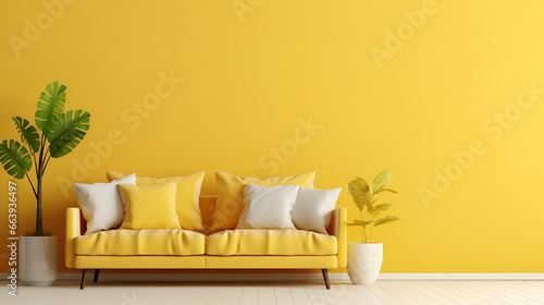 Bright yellow wall with room for text, paired with a comfy beige sofa. A modern living room setting photo