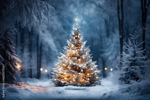 Christmas tree decorated with garland lights, winter forest is on a background