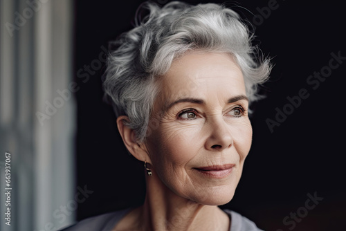 Portrait of an elegant smiling woman with short grey hair in her 50s