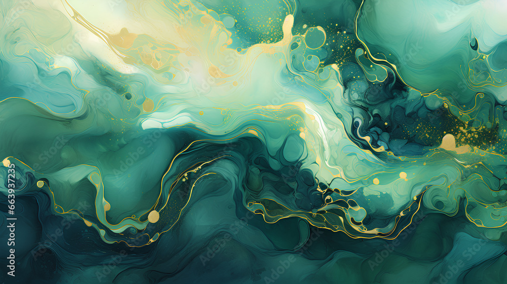 Abstract fractal marble pattern, in the style of pale greens, dark emerald and gold, marbleized, expressionistic madness, iridescence / opalescence, mixed media printing.