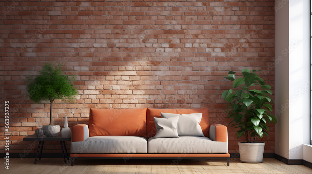 Modern apartment with a terracotta sofa against a brick wall. 3D picture that looks real
