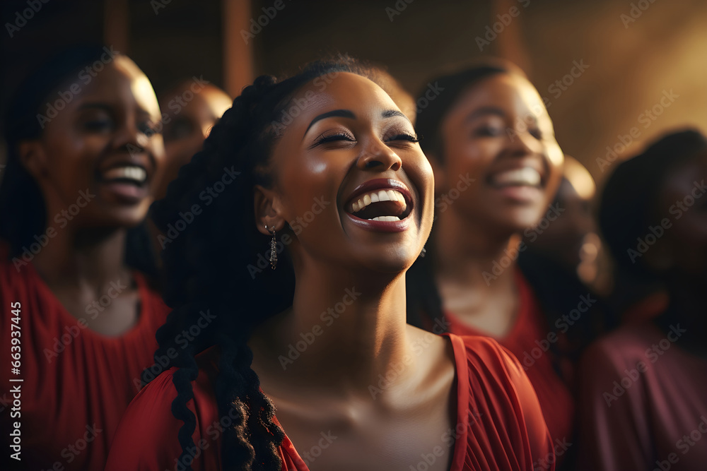 A group of afro American women Gospel singers singing in a church. Joyful devotion, faith and belief in God religion concept