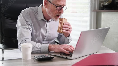 Senior businessman eating a sandwich while working on laptop