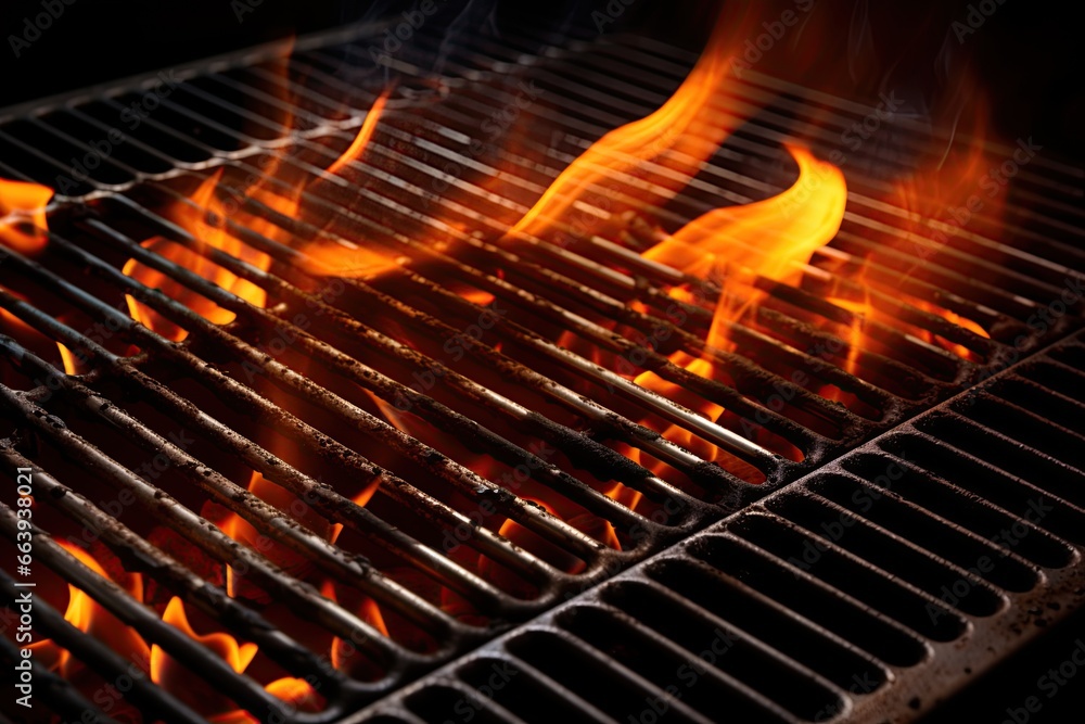 BBQ grill with burning flames. Blank space to add meat. Ai Generative
