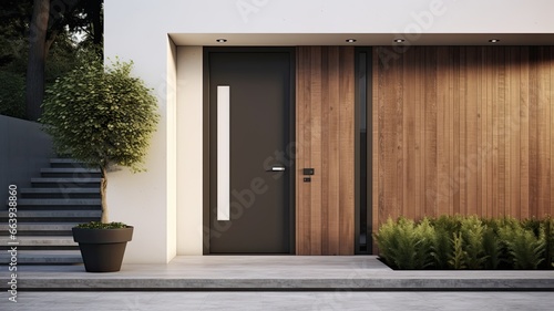 Clean entrance door by wooden with perfect matching white wall to make it homey. Generative AI Technology 