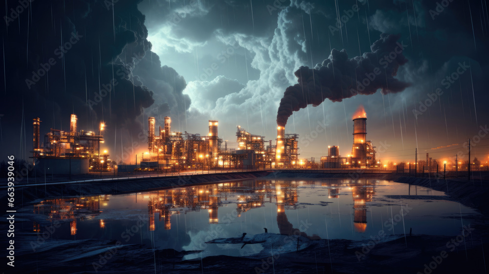A smelting plant in the midst of a thunderstorm, lightning flashing in the distance A smelting plant in the midst of a thunderstorm, lightning flashing in the distance