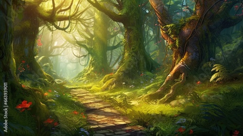 The magic forest game concept consists of grass and trees.