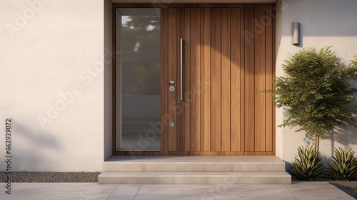 Clean entrance door by wooden with perfect matching white wall to make it homey. Generative AI Technology 