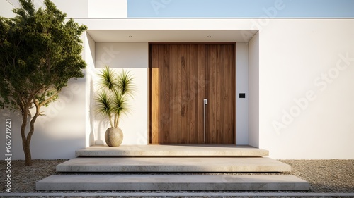 Clean entrance door by wooden with perfect matching white wall to make it homey. Generative AI Technology 