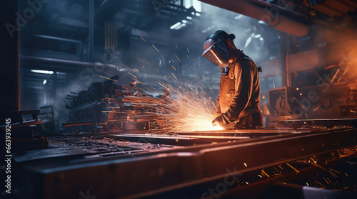 Photographie A steelworker operates a massive press,  shaping red-hot steel beams