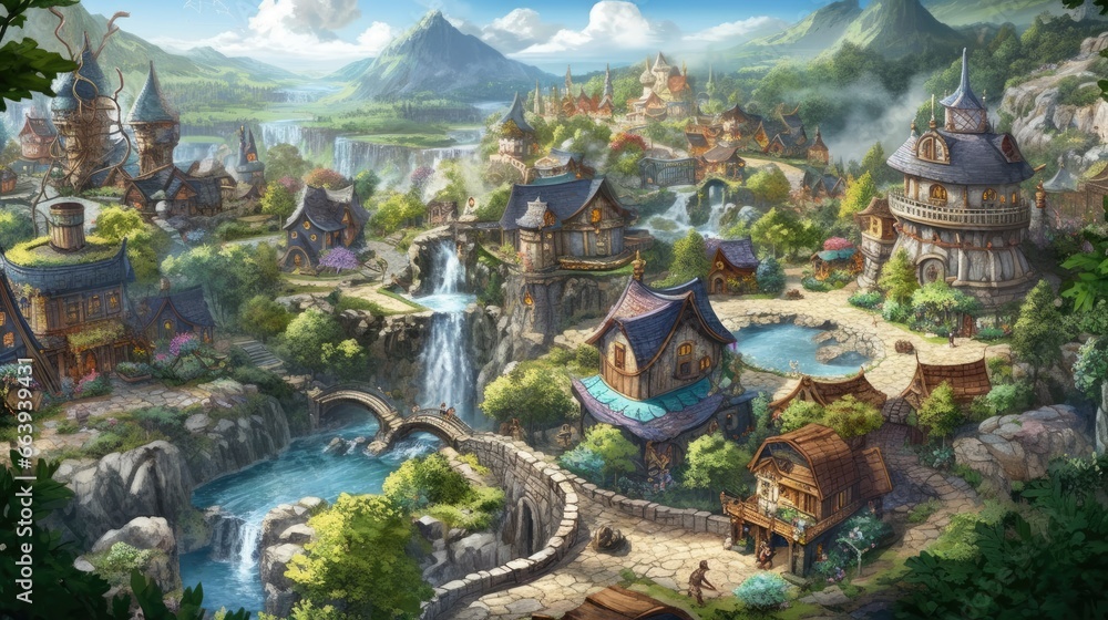 Obraz premium Landscape concept game fantasy village It is in the middle of a valley that looks flowing and magical.