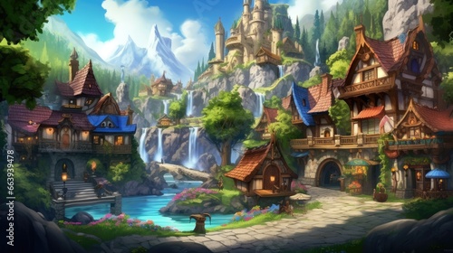 Landscape concept game fantasy village It is in the middle of a valley that looks flowing and magical.