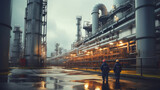 On a rainy day, workers at an oil refinery inspect pipelines and tanks
