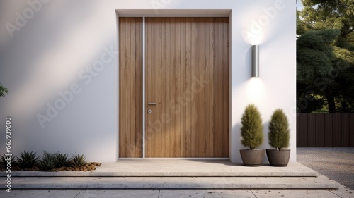 Clean entrance door by wooden with perfect matching white wall to make it homey. Generative AI Technology 