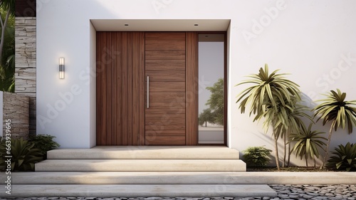 Clean entrance door by wooden with perfect matching white wall to make it homey. Generative AI Technology 