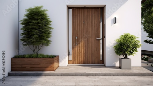 Clean entrance door by wooden with perfect matching white wall to make it homey. Generative AI Technology 