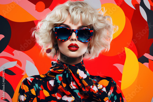 80s style pop collage illustration, fashion model with sunglasses