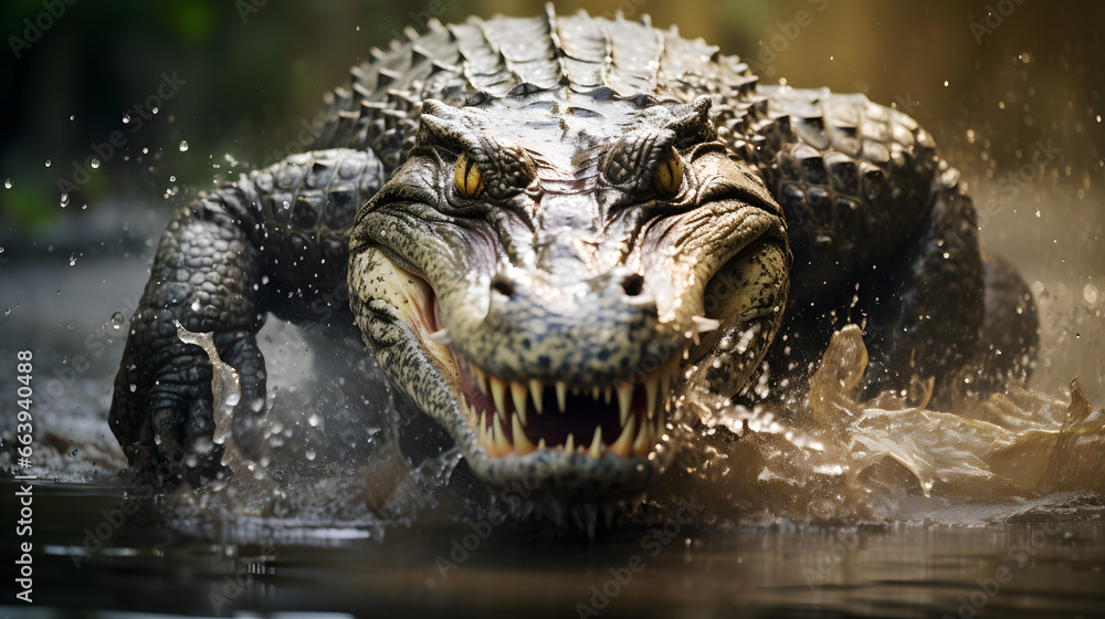 Obraz premium Intense crocodile emerging from swamp with focused gaze