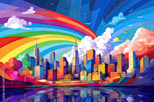 City Skyline Illuminated by Rainbow-Colored LGBTQ Flag