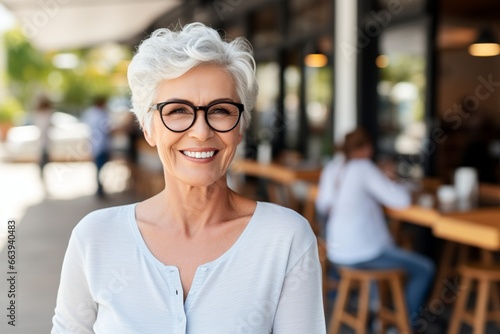 A woman wearing glasses standing in front of a restaurant