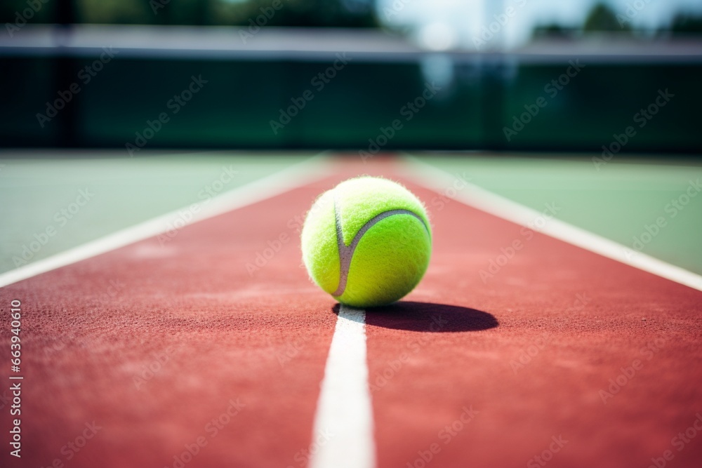 A tennis ball on a vibrant tennis court