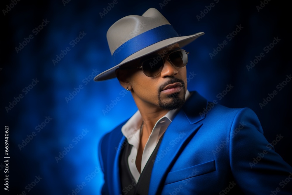 A stylish man wearing a blue suit and hat