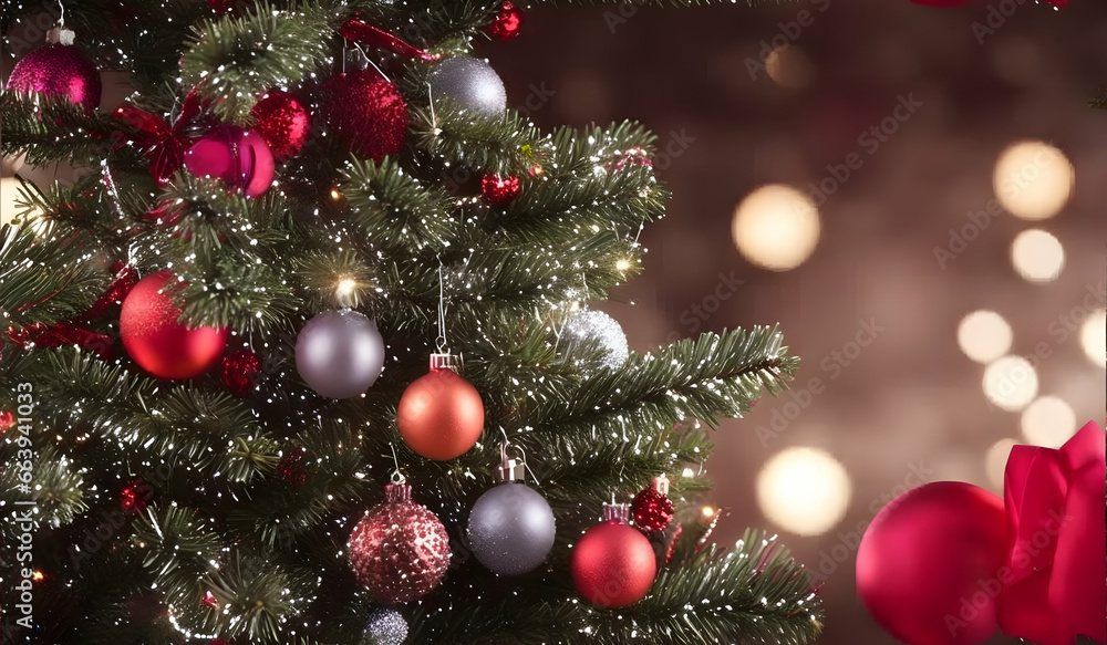 Christmas tree with red and gold baubles and lights on blurred background