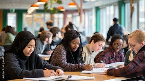 An image of students from diverse cultural backgrounds studying together in an international classroom, highlighting the global perspective in education