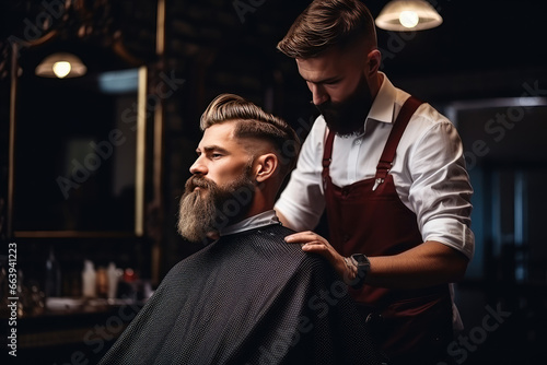 a handsome model man with a beard in the hairdresser barbershop salon gets a new haircut