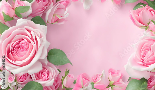 Pink and white roses on pink background with copy space, top view