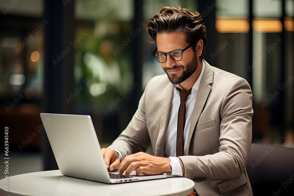 Portrait of a man with laptop, created by generative AI technology Portrait of a man with laptop, created by generative AI technology