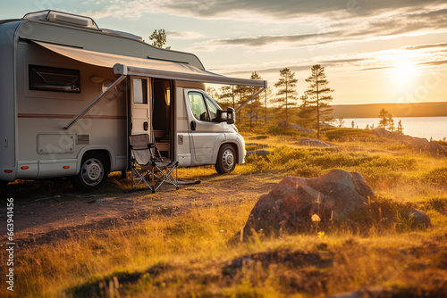 Camper car rv camping on nature. Holidays in motor home. photo