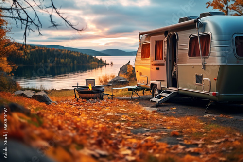 Caravan camping on lake shore. Camping on nature. Holidays in motor home. photo