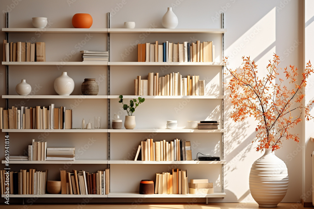Fototapeta premium Bookshelf with books and vase