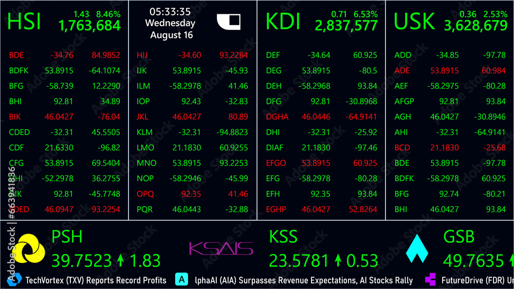 Screen Template For Devices with Financial Stock Exchange Market Information, Live Values and Data, Updates, Business News Ticker. Mock Up for Desktop Computer Monitors and Laptop Displays. Screen Template For Devices with Financial Stock Exchange Market Information, Live Values and Data, Updates, Business News Ticker. Mock Up for Desktop Computer Monitors and Laptop Displays.