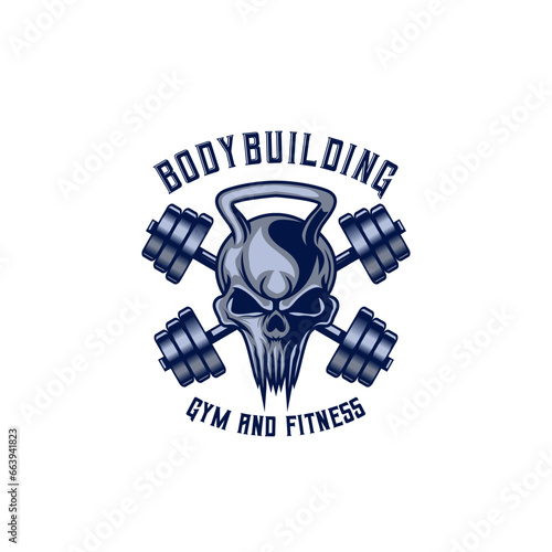 Skull fitness gym with barbel logo icon symbol vintage template for labels, emblems, badges or design template