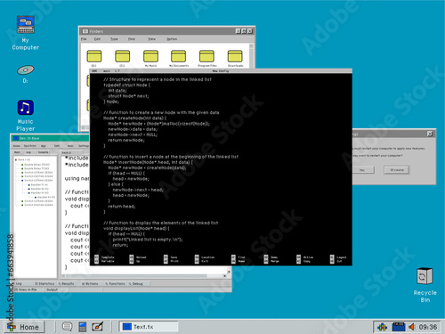 Canvastavla Old Operating System Template with Desktop Environment and Coding Terminal with Black Background, Command Lines for Programming